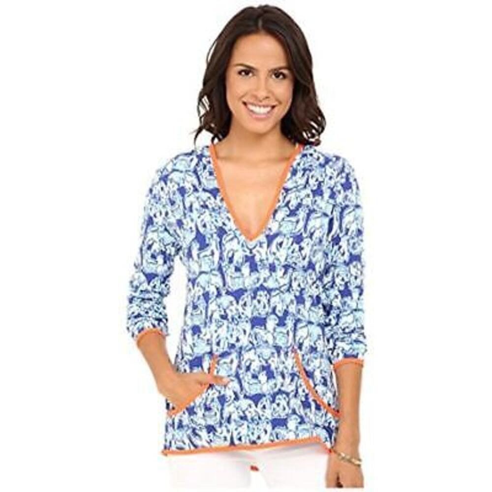 Lilly Pulitzer Gabi Luxletic Popover Deep V-Neck Hoodie Blue Elephant - Small